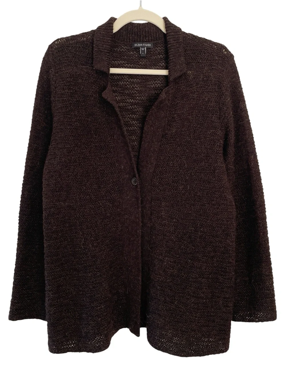 Eileen Fisher 100% Baby Alpaca Wool Knit Cardigan Sweater Womens Large Chocolate - Picture 2 of 11